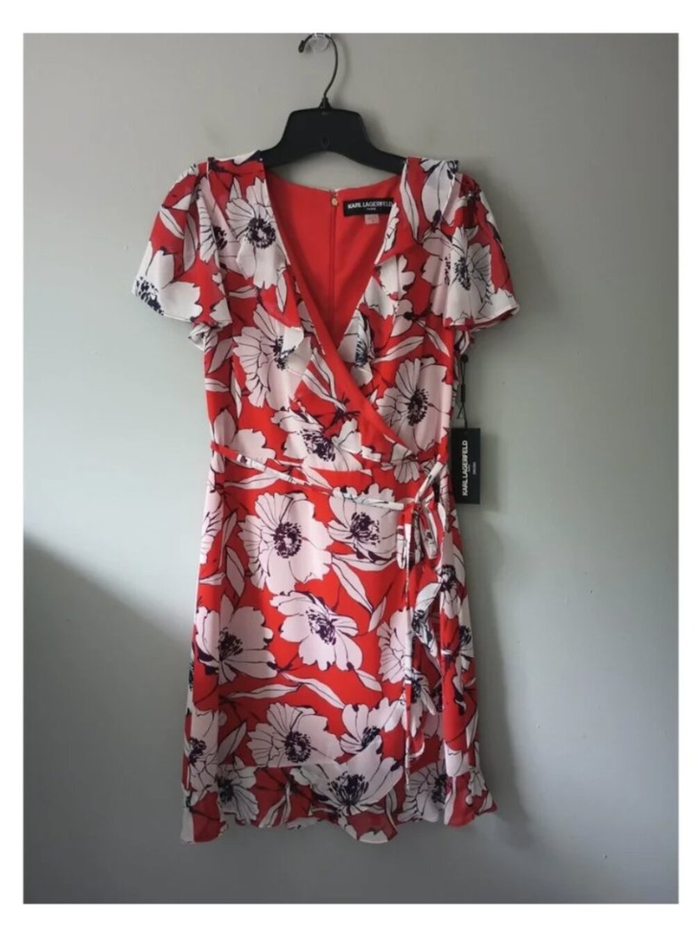 Karl Lagerfeld Women's Size 4 Faux Wrap Dress Floral Mini Red Ruffle Hem NWT